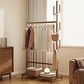 Muwuele Solid Wood Clothing Rack, Rolling Clothes Racks for Hanging Clothes, Heavy Duty Garment Rack with Wheels, Hanging Rack with 6 Cactus Hooks and Storage Shelf, Easy Assembly, Walnut