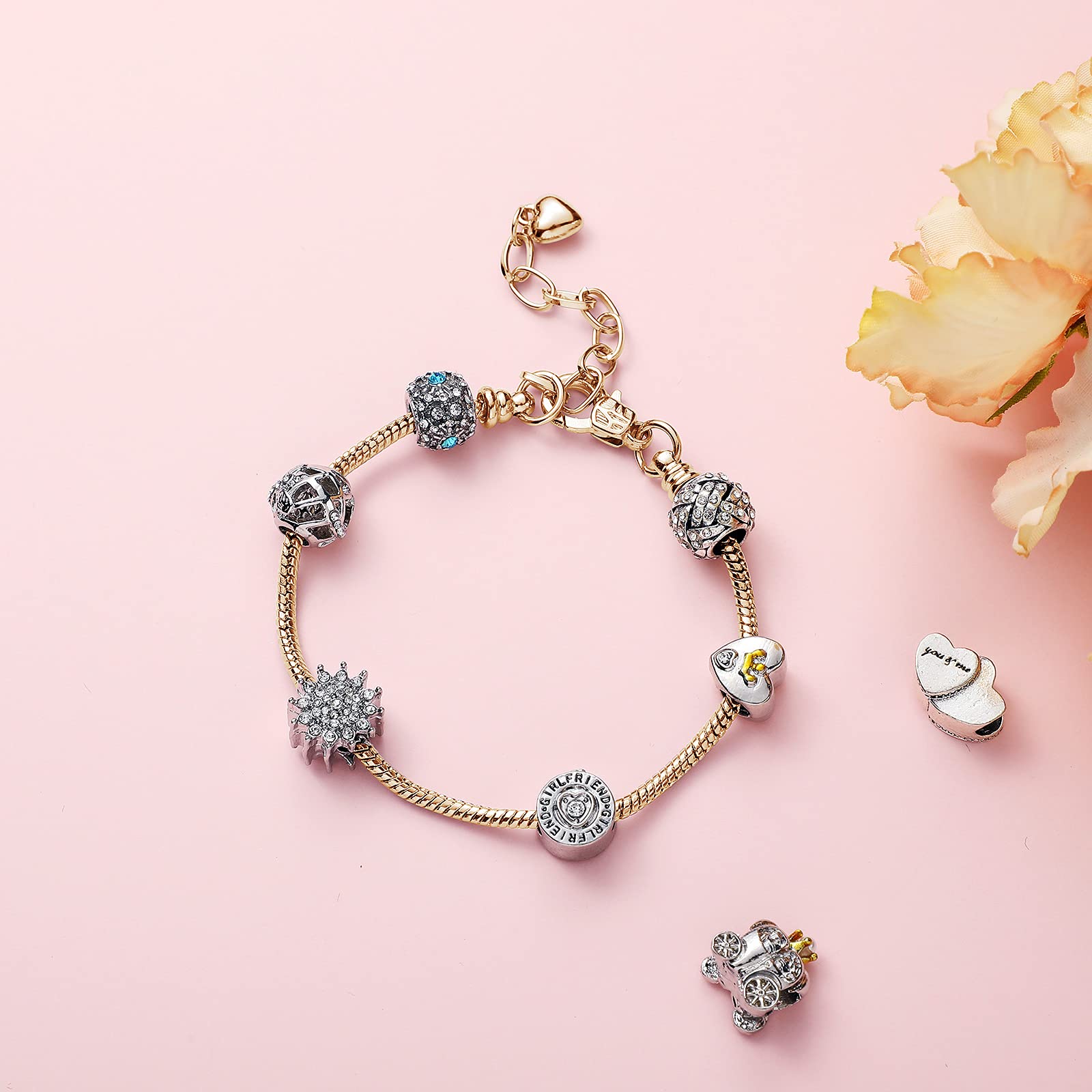 Hicarer 20 Pcs Chain Bracelet for Jewelry Making Women DIY Adjustable Snake Charm Bracelet with Heart Shape Extender Chain(Silver, Gold)