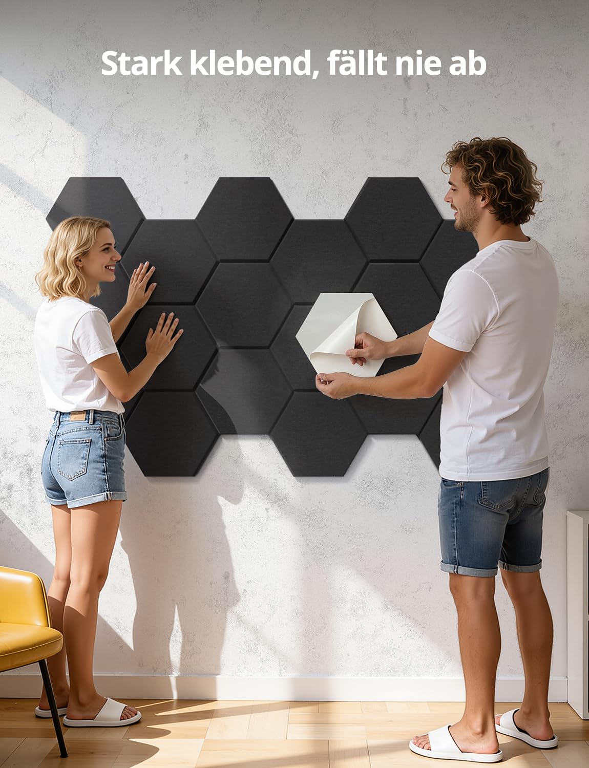 Kuchoow Hexagon Schallschutzplatten selbstklebend Schallschutz Schalldämmung Wand, 12 Stück 2-in-1 Akustikplatten mit Laermschutz MLV für Zimmer, Büro, Nachbarn, Tür, Decke, 30x26x1 cm, Schwarz 8
