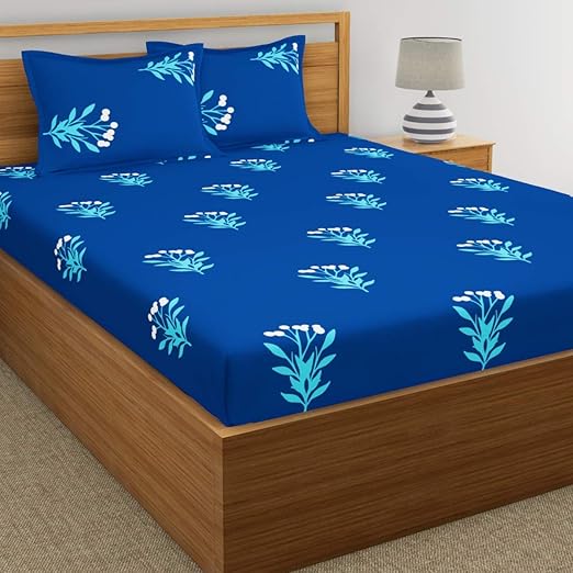Home Ecstasy 100% Cotton Double bedsheets with 2 Pillow Covers Cotton, 140tc Floral Blue