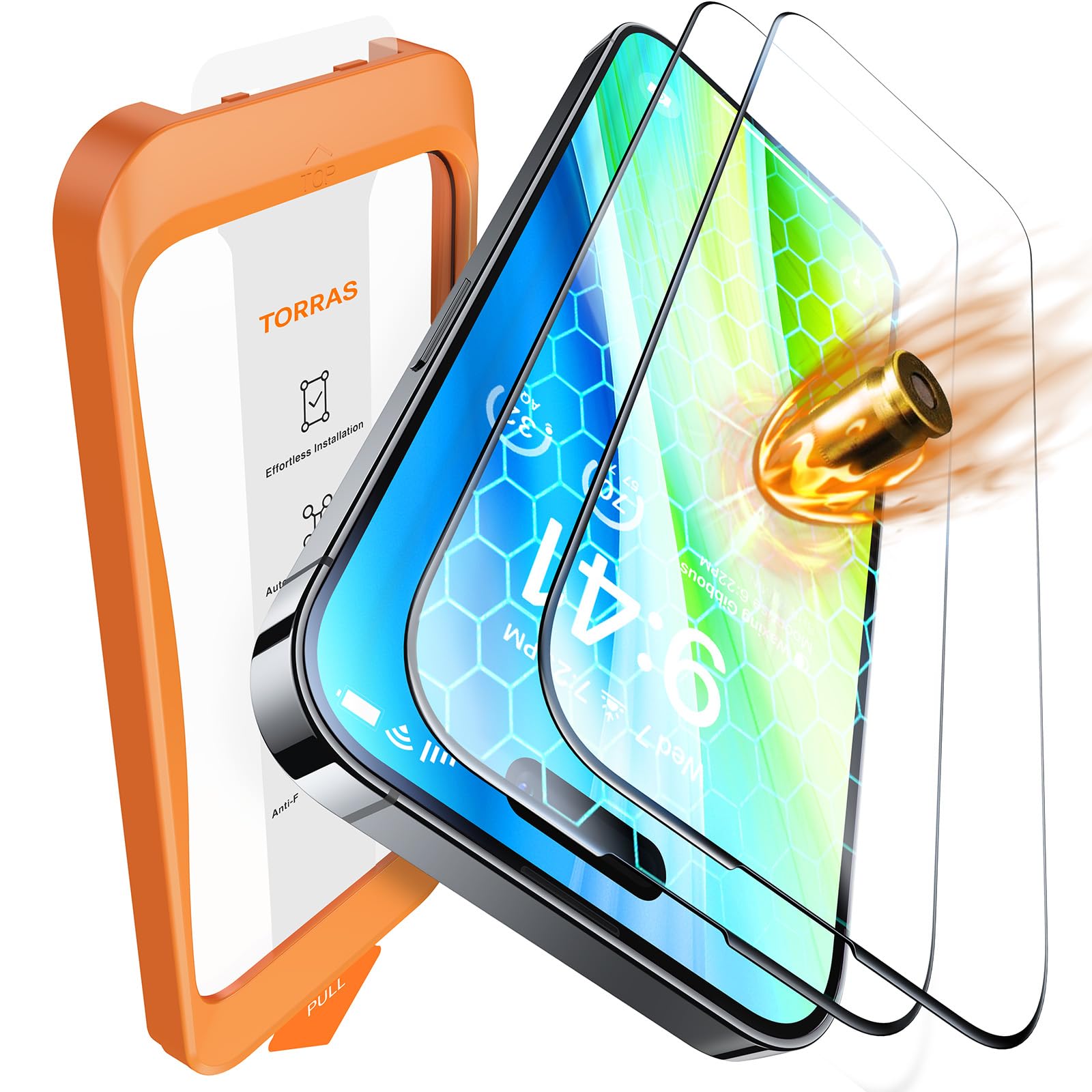 TORRAS 2 Pack for iPhone 16 Screen Protector, Full Screen Coverage Tempered Glass, 12FT Military Shatterproof, 9H Hardness No Bubbles No Dust, Easy Installation Screen Protector for iPhone 16 HD Clear