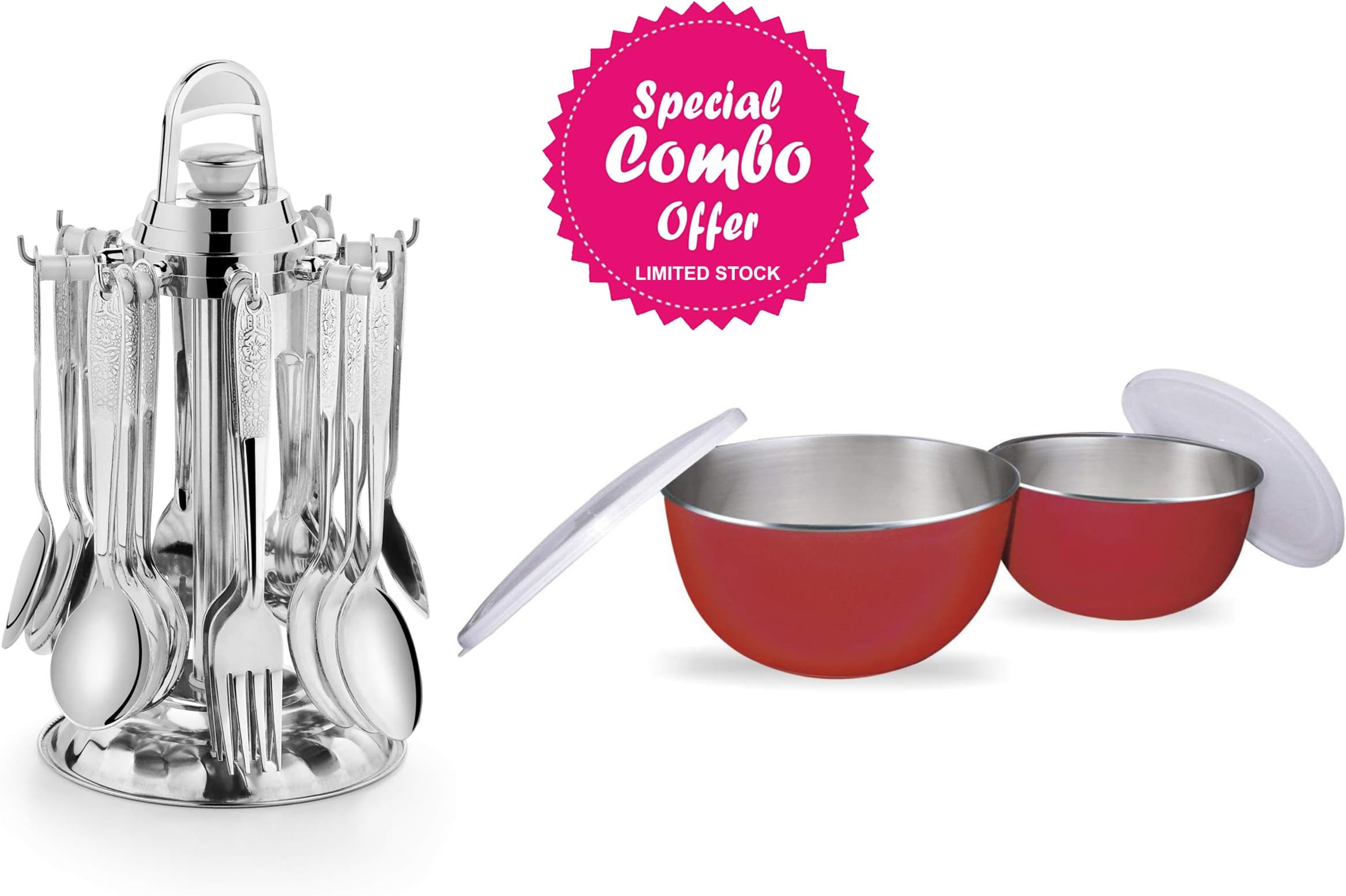 POG Cutlery Sets for Dining Table -24 Pieces with revolving Stand and 2 Pieces Microwave Safe Bowls, Combo Offer, Made of Stainless Steel