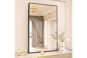 pertetey New Upgrade 28X36 Inch Wall Mounted Bathroom Mirror, Black Metal Frame Rounded Rectangle Mirror, Bathroom Vanity Mirror with Tempered Glass for Washroom Bedroom Living Room