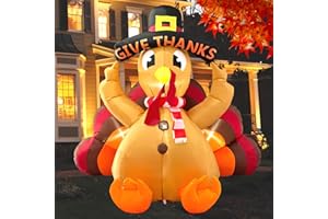 Buheco Thanksgiving Inflatable Turkey Lawn Decoration 6ft Giant Blow Up Turkey Inflatables Outdoor Yard Decorations with Pilgrim Hat Led Light for Happy Fall Holiday Indoor Outside Autumn Home Decor