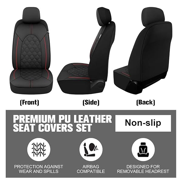 YGL LUXURY PU LEATHER CAR SEAT COVERS FULL SET, NON-SLIP SEAT COVER PROTECTORS, UNIVERSAL FIT FOR CARS, TRUCKS, SUVS, VANS, PICKUPS, AIRBAG COMPATIBLE, SEAT COVERS FOR CAR INTERIOR (BLACK/RED)