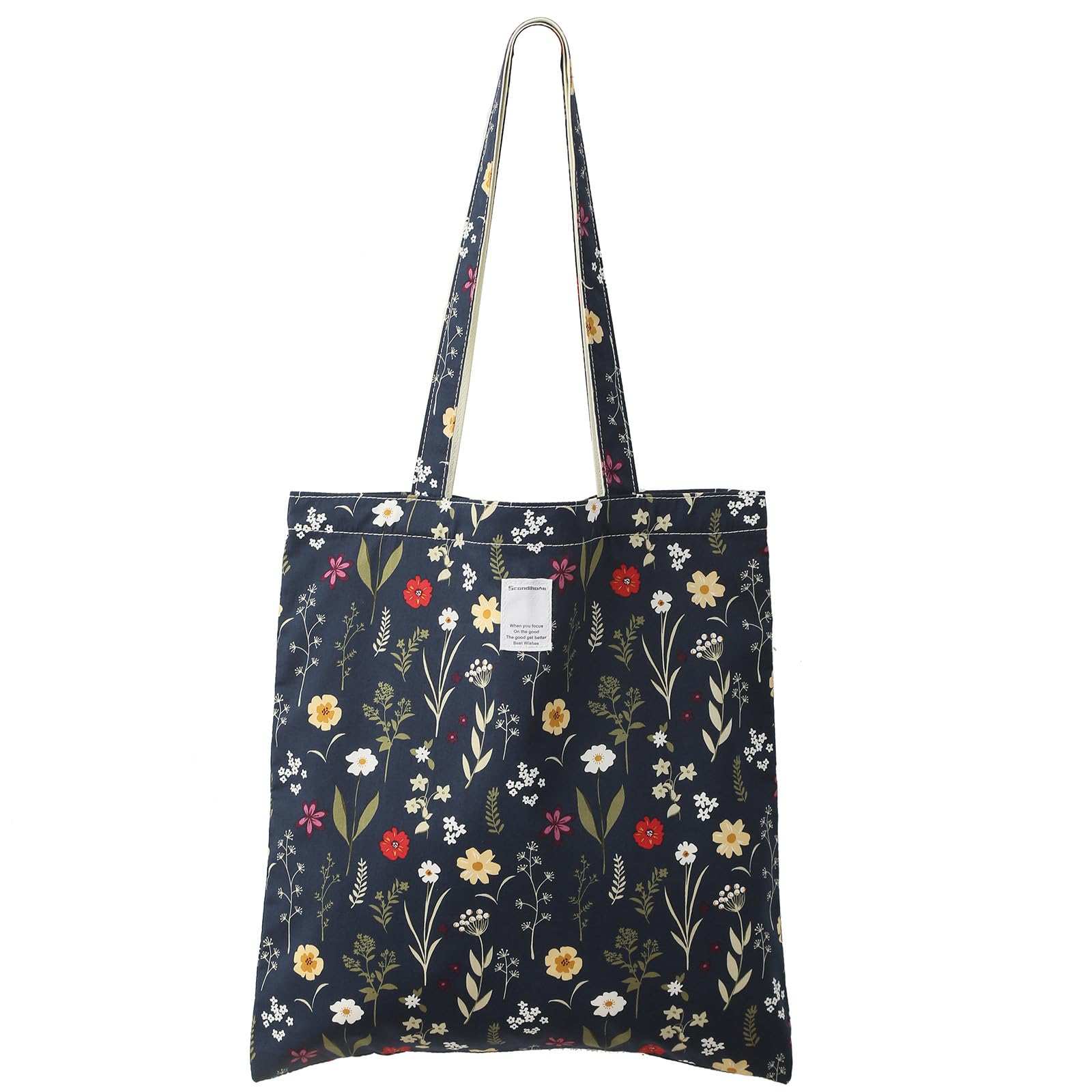 SEPWIK Canvas Tote Bag for Women, Reusable Cloth Cotton Bags for School Shopping Beach Grocery Shopper Handbags Scandihome Series - Navy Blue