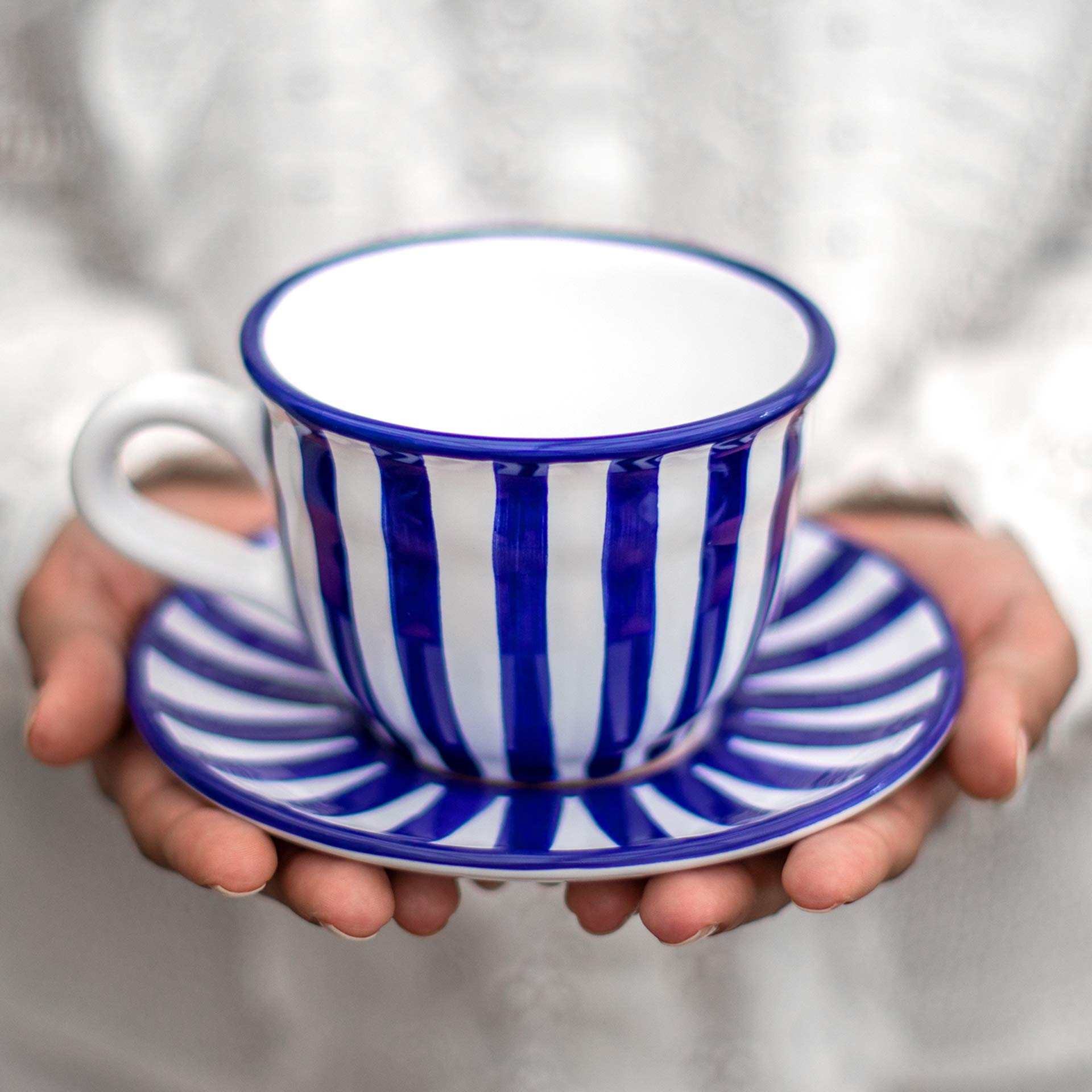 City to Cottage® Navy Blue Striped | Designer Handmade Hand Painted | Large Unique Ceramic 12oz/350ml | Cappuccino Coffee Tea Cup with Saucer | Gift