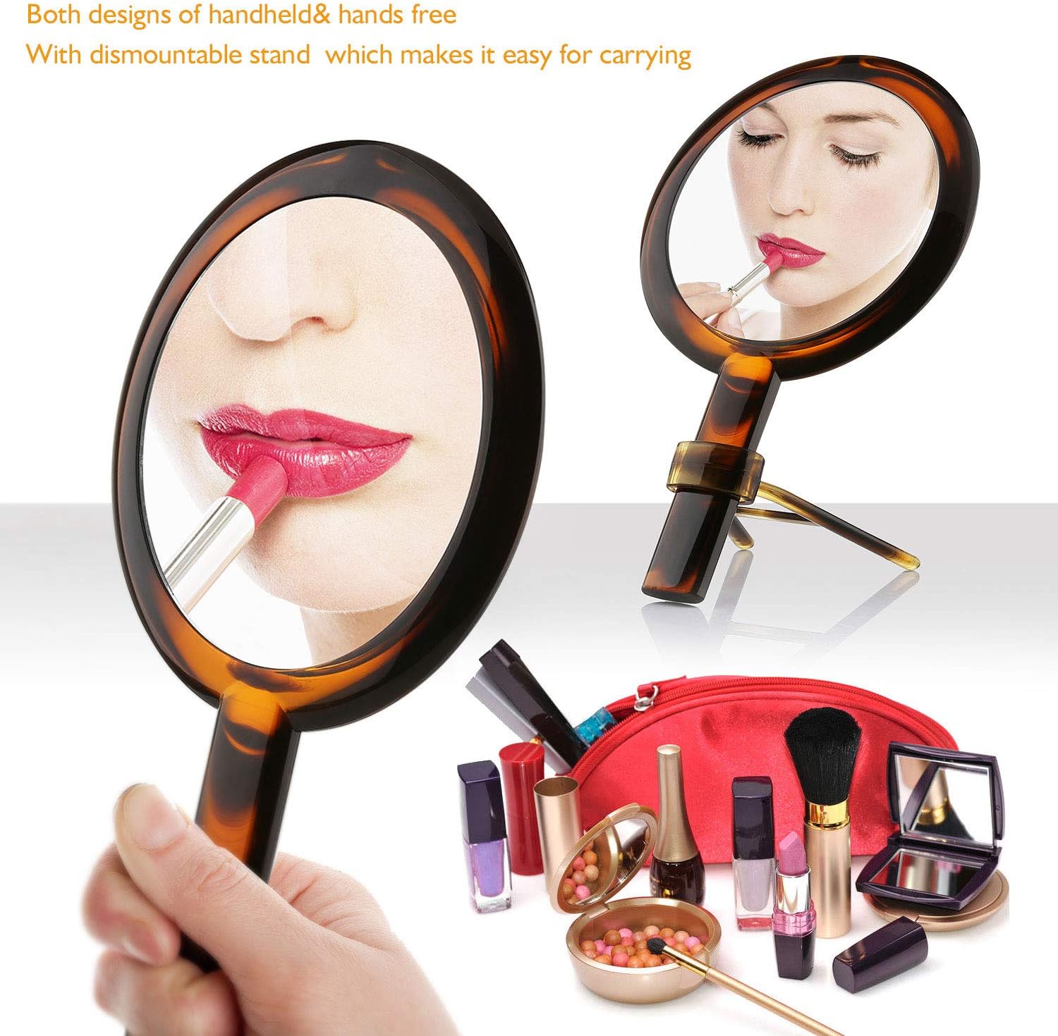 Beautifive Hand Mirror, Hand Held Mirrors with Adjustable Handle，1x/7x Magnifying Double Sided Handheld Makeup Mirror with Stand for Vanity Beauty Travel Table Desk Shaving Bathroom (Black): Furniture & Decor