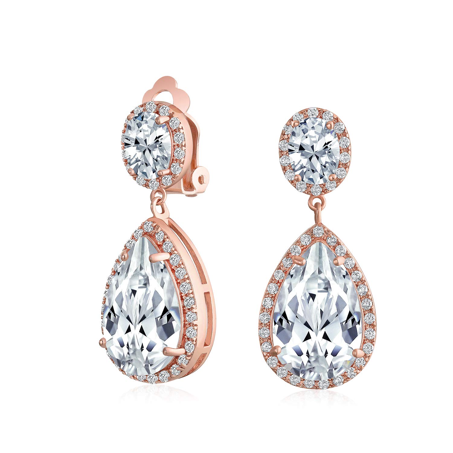 Large Teardrop Cubic Zirconia Pave CZ Halo Statement Dangle Clip On Earrings For Women Rose Gold Plated Brass