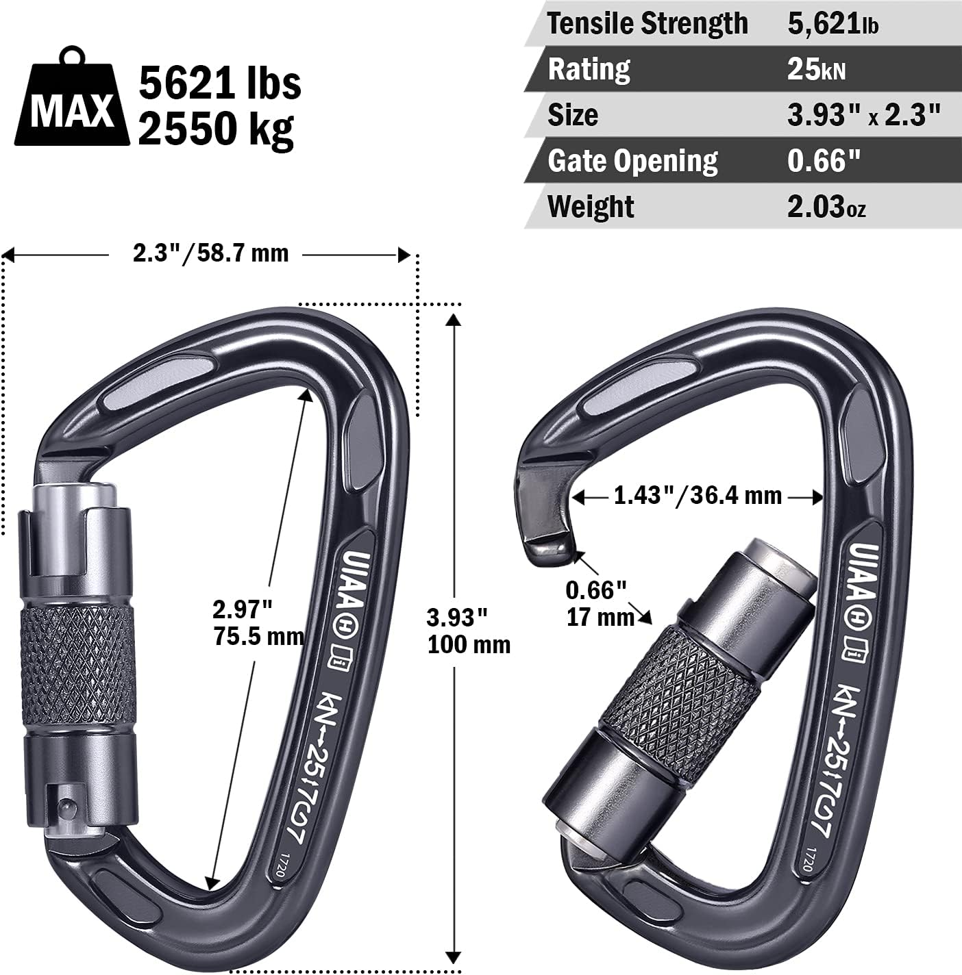 FresKaro 4inches Climbing Carabiner Clips, UIAA Certified 25kN Auto Locking Carabiners, Made of 7075 Aluminium, Lightweight, Rust Free and Heavy Duty, for Rappelling, Hiking etc, Spacegray, 3PCS : Sports & Outdoors