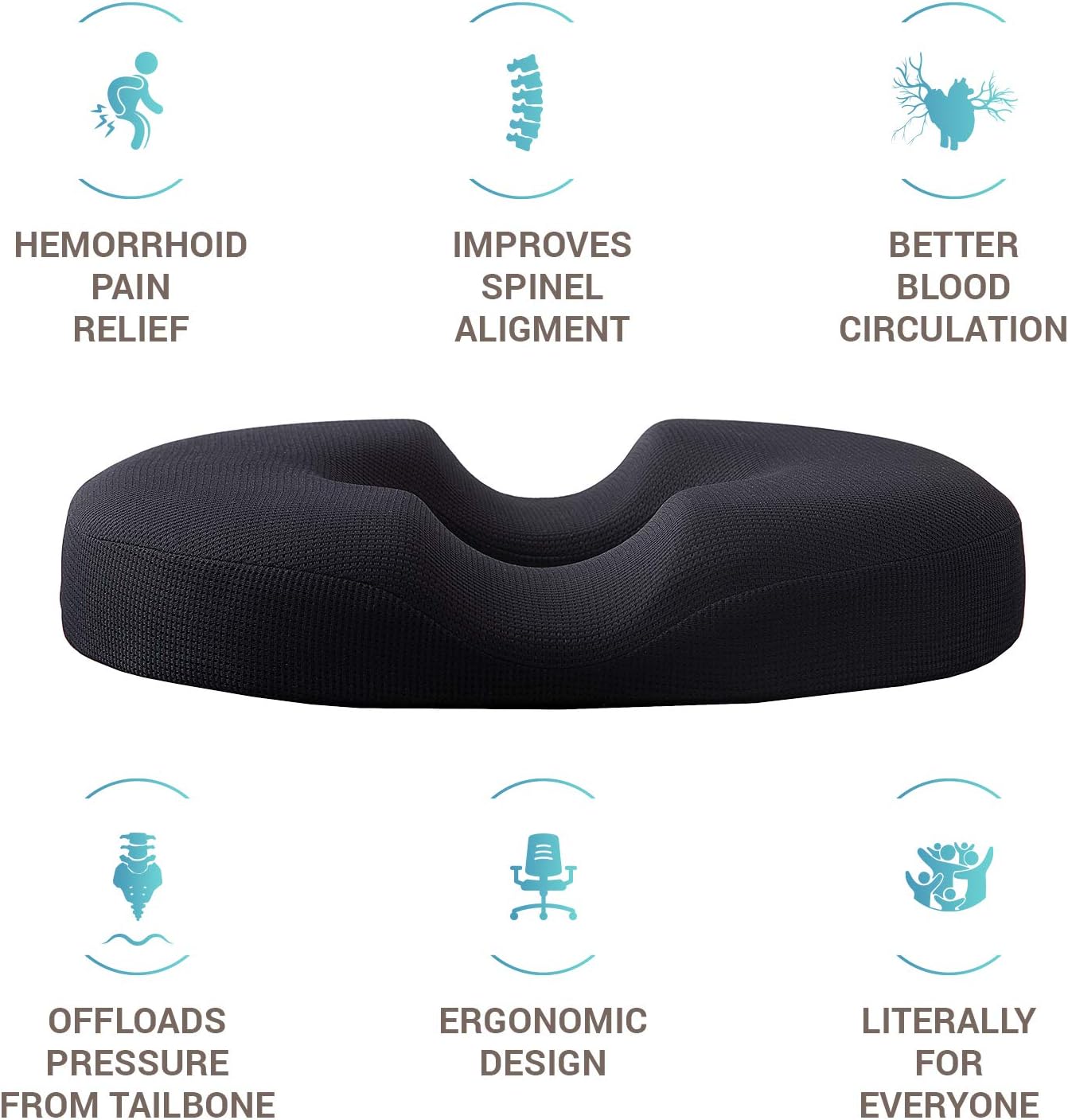 5 STARS UNITED Donut Pillow Hemorrhoid Tailbone Cushion – 100% Memory Foam – Coccyx, Prostate, Sciatica, Bed Sores, Post-Surgery Pain Relief – Orthopedic Firm Seat Pad for Home, Office, Car: Kitchen & Dining