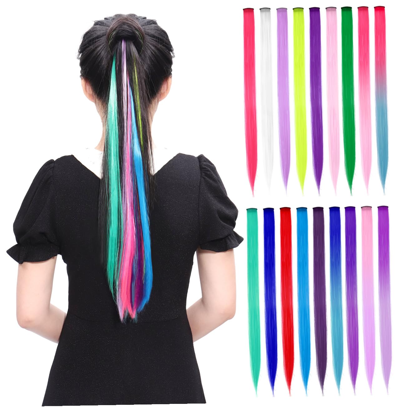 Lurrose 30PCS Colored Hair Extensions, Colorful Clip in Hair Extensions Straight Inches Synthetic Rainbow Hairpieces for Girls Women