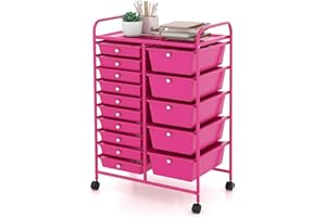 LDAILY Moccha 15-Drawer Rolling Storage Cart - Under Desk Storage Drawers with wheels for Craft Art Supply Paper Salon, Scrapbook Paper Tools, Mobile Utility Cart for Classroom (15 Drawers, Hot Pink)
