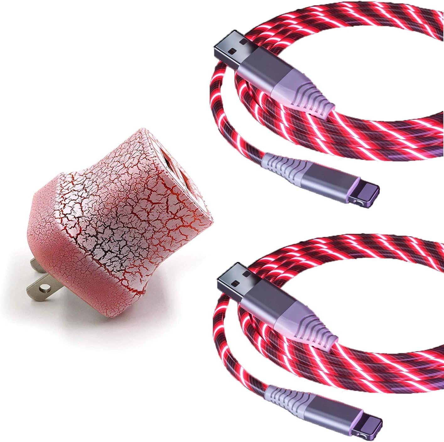 EEkiiqi 2 Packs Led Flowing USB Charger Cable EL Light up Phone Charger Cord with 2.1A Dual USB Wall Charger Led Light Up USB Charger Glow in The Dark for Phone XS Max/8 Plus 7 7 Plus(Pink)