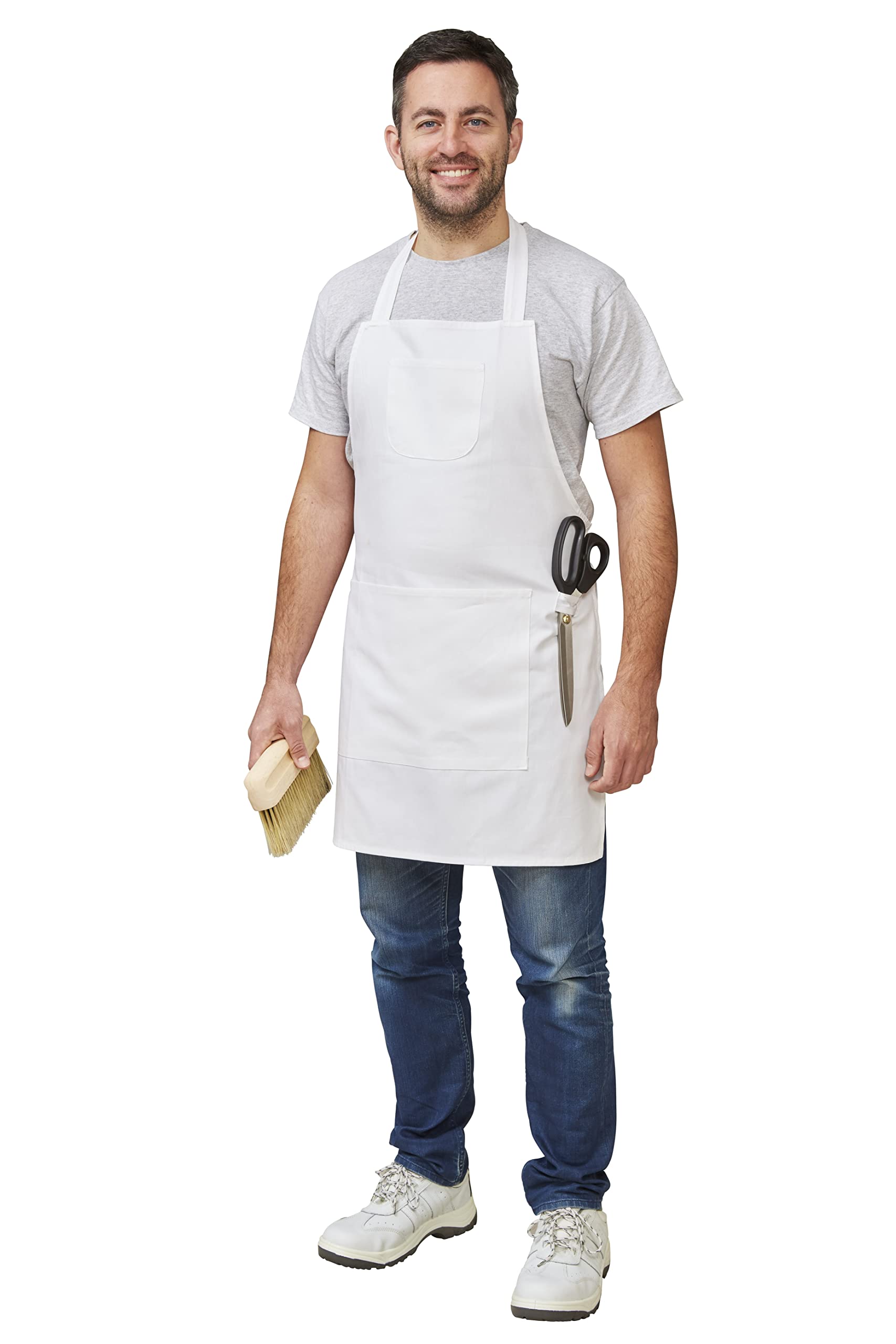 Fit For The Job Soft Cotton White Painters & Decorators, Artist, Craft Apron with Large Storage Pocket, Chest Pocket, Tool Loop, Halter Ties for Easy Fastening, One Size