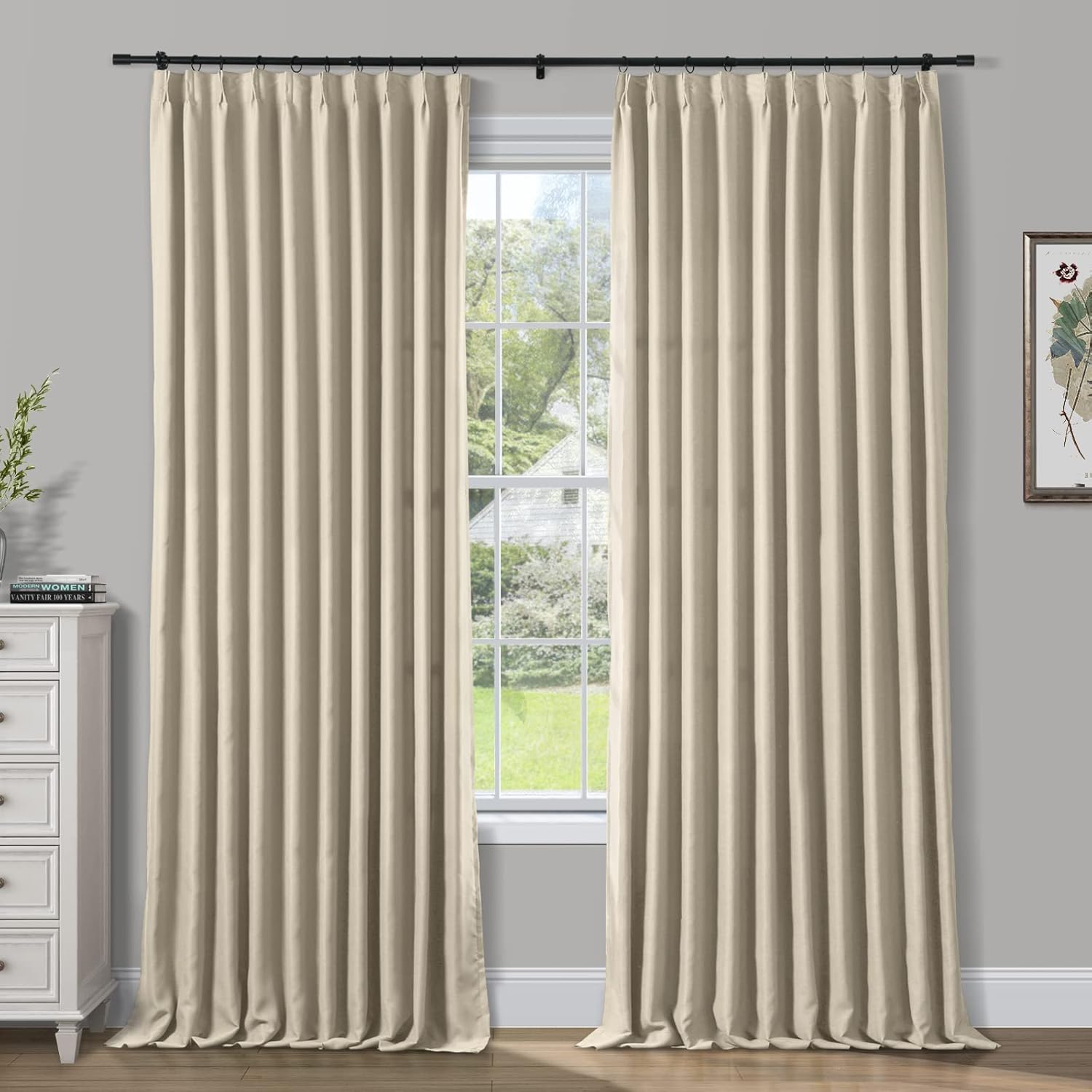 Outdoor Curtains - ChadMade Pinch Pleated Curtain Solid Thermal Insulated Blackout Patio Door Panel Drape for Traverse Rod and Track, Beige 72W x 96L Inch (1 Panel)