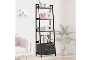 RbhAuto Ladder Shelf, 5-Tier Tall Ladder Bookshelf Black Bookcase with Drawer, Corner Storage Rack Standing Narrow Display Sh