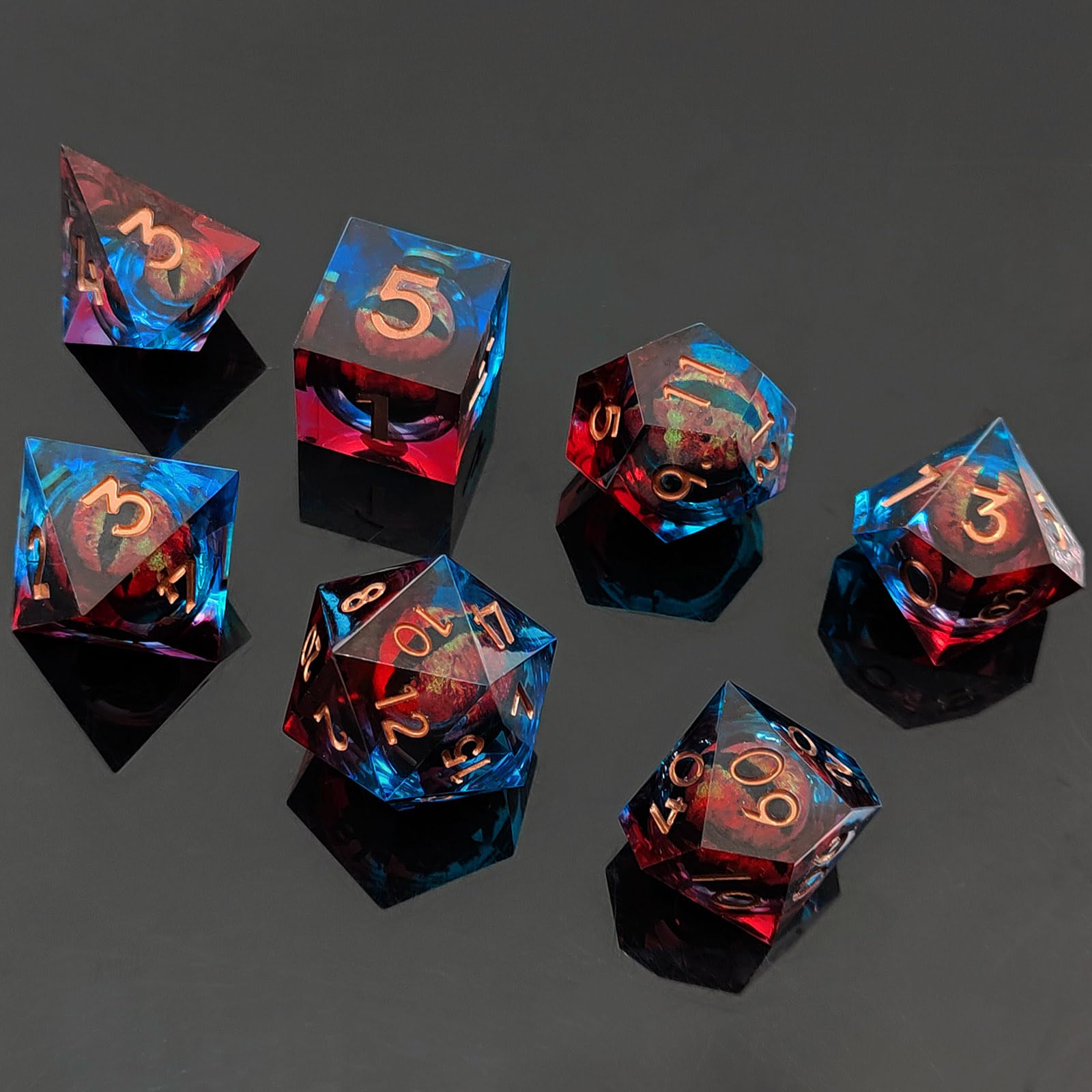 ORUZA 7 PCS Dragon Eye DND Dice Liquid Core D&D Dice Resin Sharp Edge Polyhedral D&D Dice Set for Dungeons and Dragons Role Playing Die D20 D12 D10 D8 D6 D4 D%