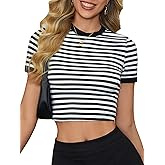 OYOANGLE Women's Striped Print Crew Neck Short Sleeve T Shirts Slim Fit Crop Tee Tops