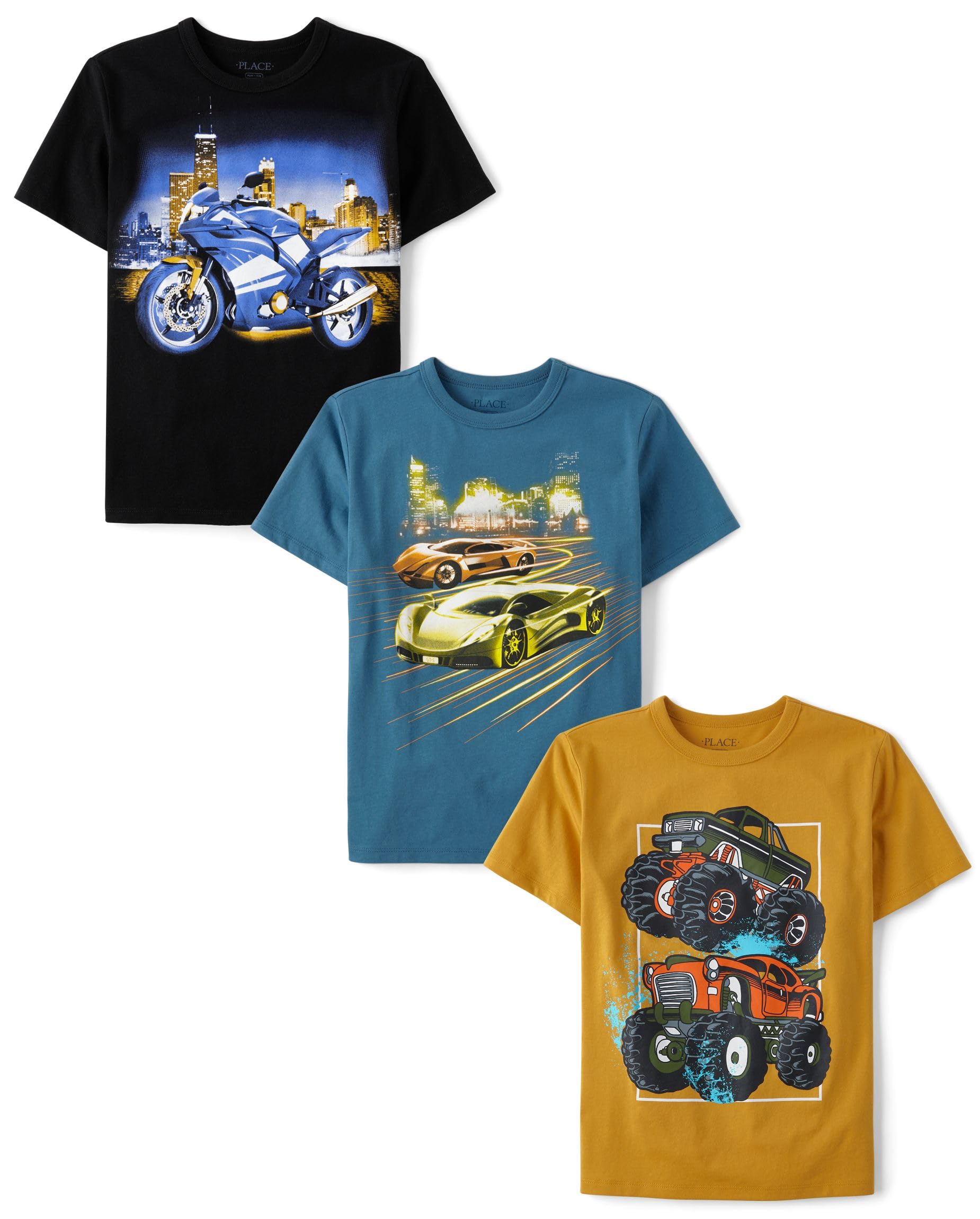 Photo 1 of The Children's Place,Male,Vehicle Short Sleeve Graphic T-Shirts,multipacks,Motorcycle/Monster Truck/Racecar 3-Pack,Small