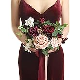 Ling's moment Burgundy Artificial Wedding Flower Bouquets for Bridesmaids Blush Floral Bouquet Mashala Bridesmaid Bouquets with Ribbon Ceremony Anniversary Homecoming,7-inch Diameter