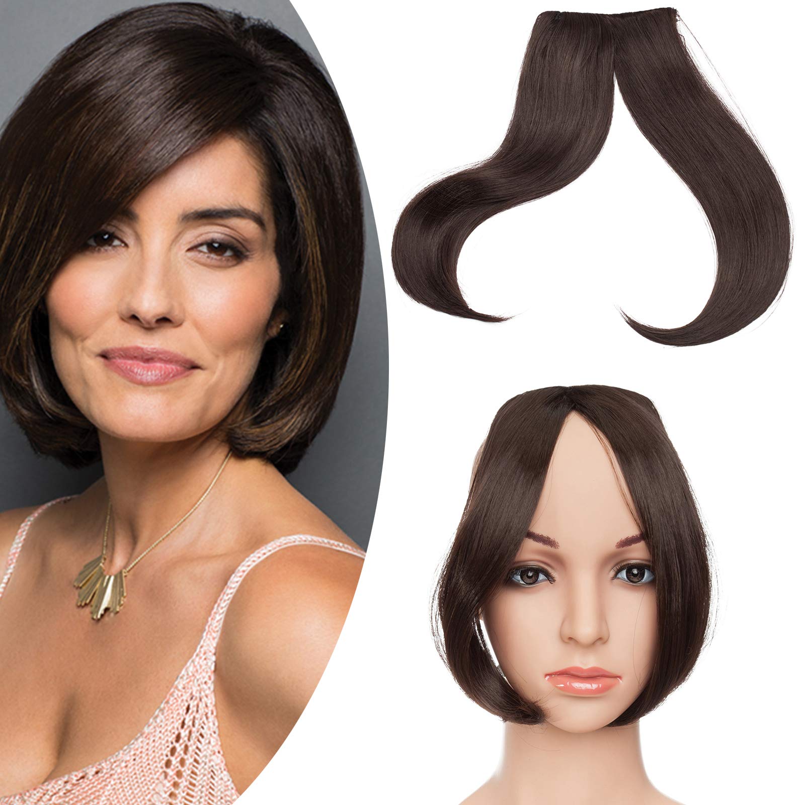 Side Clip In On Face Framing Curtain Bangs Fringe Synthetic Front Hair Piece Extension Fake Faux Bangs Hairpiece for Women, Dark Brown