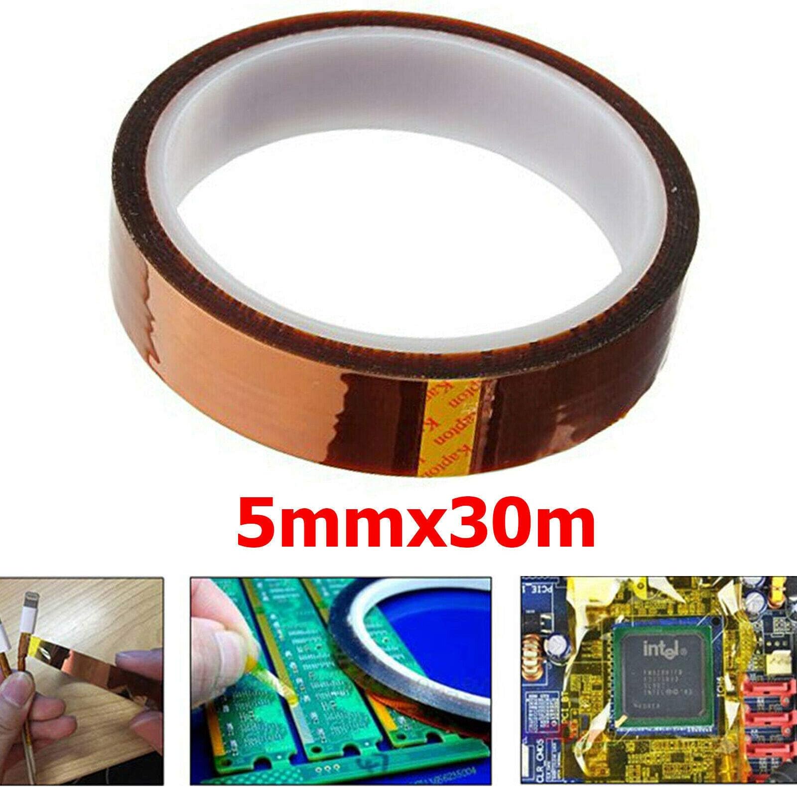 Gadget Zone UK® 30m Heat Press Tape - Heat Resistant Sublimation Tape for Heat Transfer, 3D Printers High Temperature Tape & Electronics Polyimide Tape No Residue (5mm)