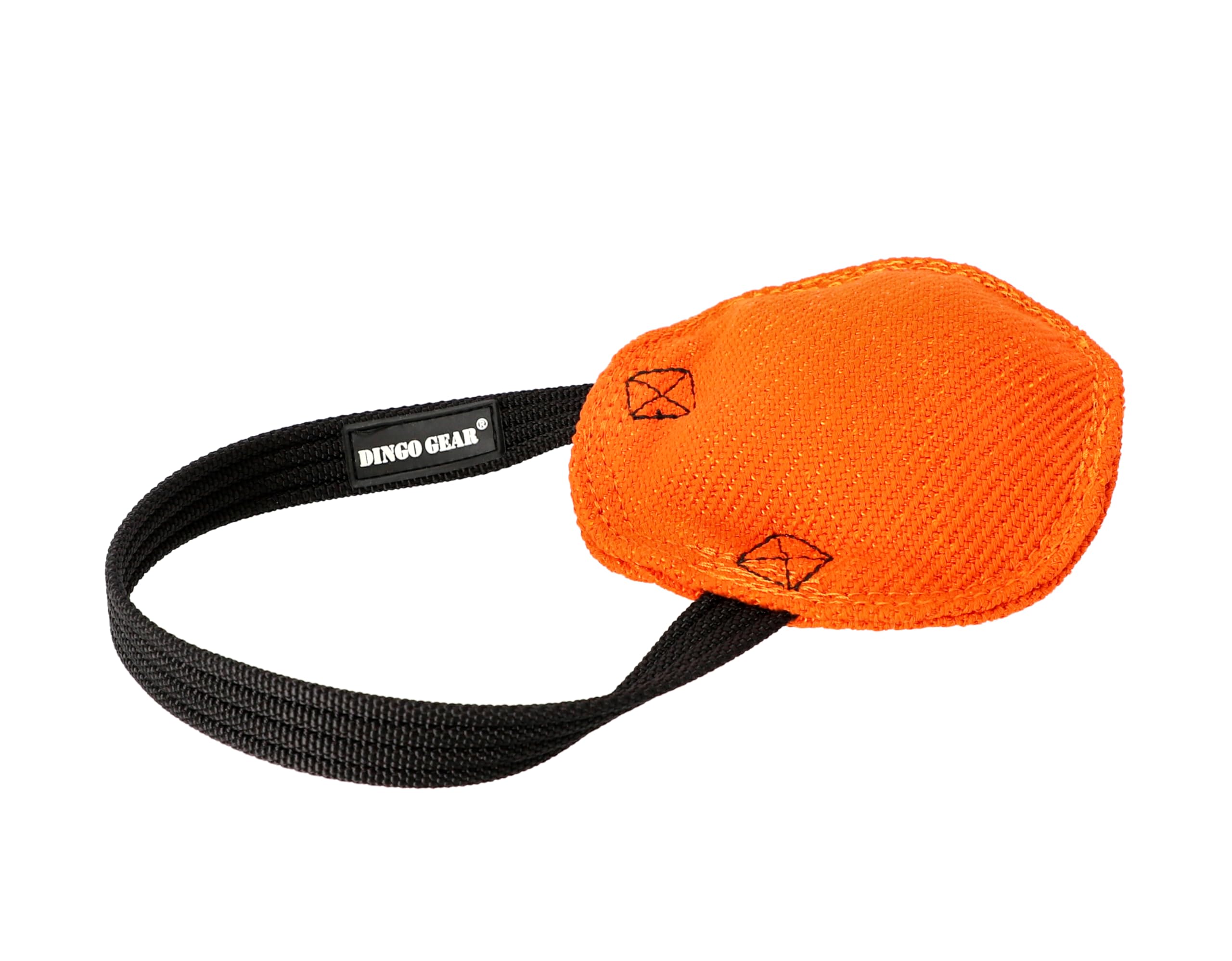 DINGO GEAR Berta Tug Toy for Bite Training, IGP, Fetch, Obedience, Dog Sports, Hand Sewn Strong Stitching French Material Bite Tug 1 Handle, Disc Shape - Orange S00092