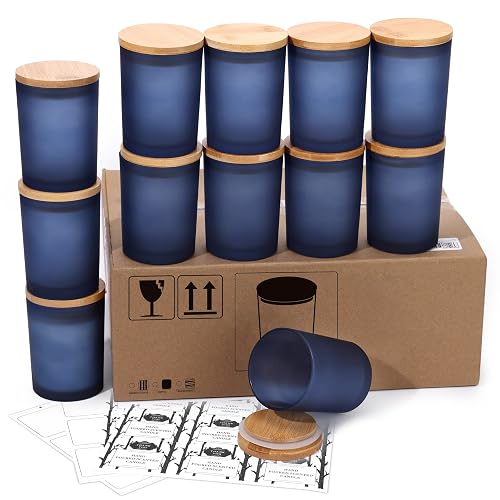 Aminigram 12 Pack, 10 oz Navy Blue Candle Jars with Bamboo Lids and ...
