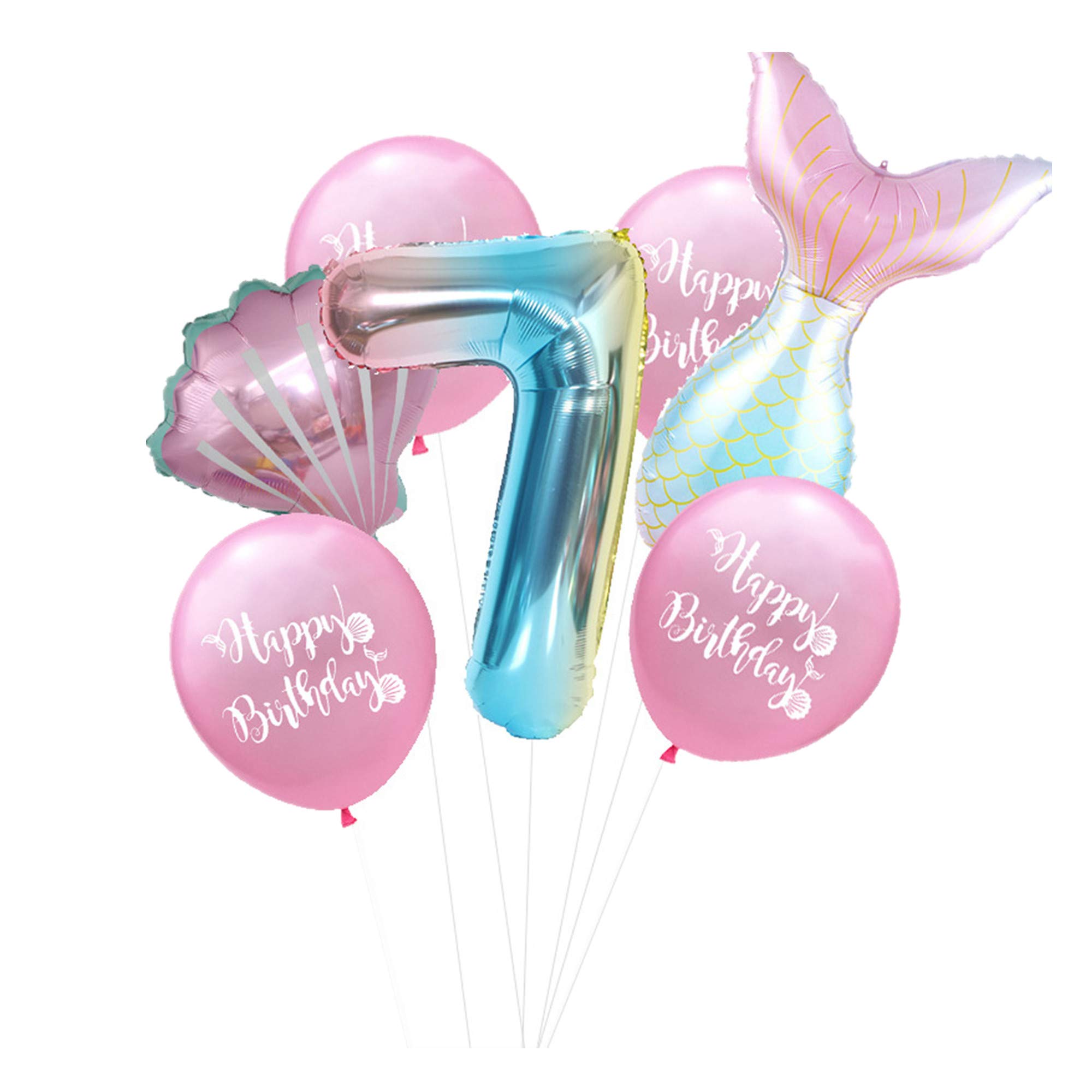 7PCs Mermaid Foil Balloons Set Mermaid Sea Theme Birthday Party Decoration 32 Inch Number Foil Balloon Shell Helium Balloon (Pink-7)