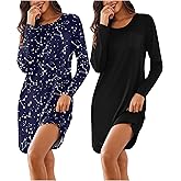 Ekouaer Women's 2 Pack Sleepshirt Dress Comfortable Nightshirt Nightgown Long Sleeve Button Down Sleepwear