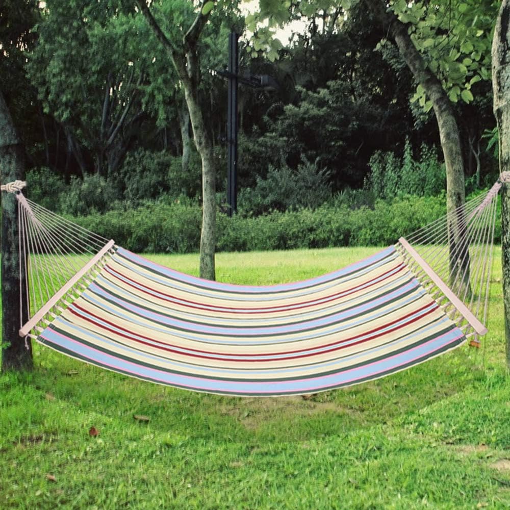 SSLine 2 Person Double Hammock Bed with Wood Spreader Bar Portable Patio Yard Poolside Beach Swing Hammocks with Pillow (Beige-1)