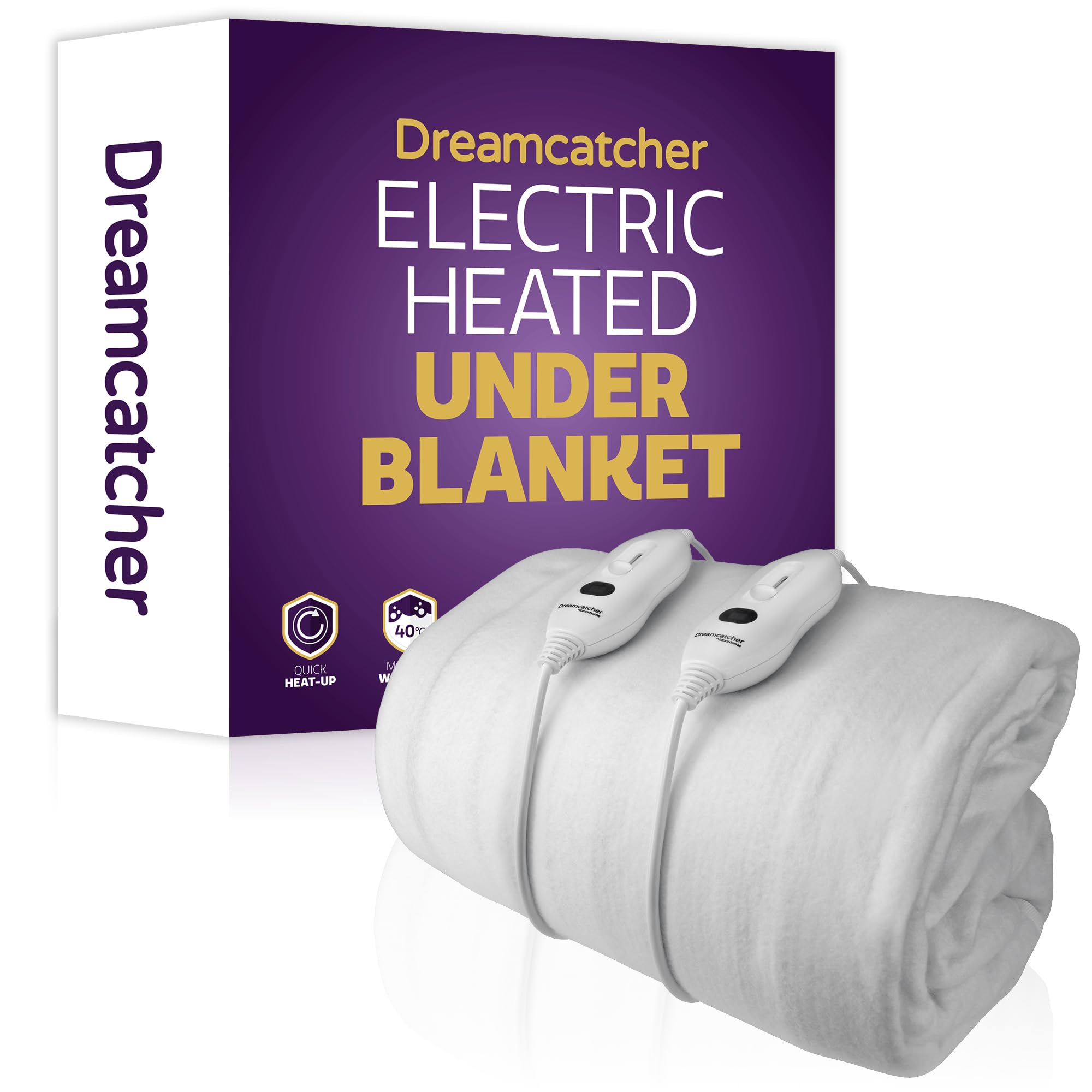 Dreamcatcher Electric Blanket King Size 203x152cm, Fully Fitted Soft Polyester Electric Blanket, Underblanket Mattress Cover, 3x Heat Settings, 2x Controllers and Machine Washable White Heated Blanket