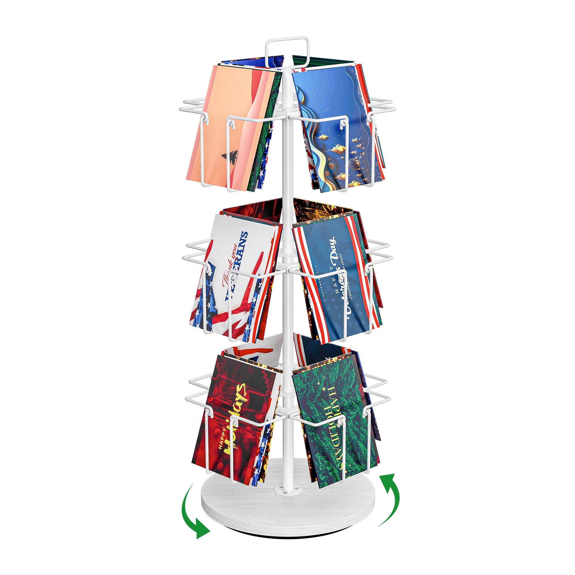 Photo 1 of 3 Tier Rotating Greeting Card Display Stand with 12 Pockets, Metal Greeting Card Rack for Stickers, Photocard, Brochures, Countertop Postcard Holder Display Stand for Home, Showcase, Retail (White)