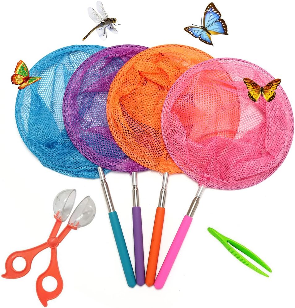 BoBofly4 Packs Telescopic Butterfly Net with Free Butterfly Catcher and Butterfly Tweezers, Perfect for Catching Bugs Insect Small Fish, Extendable up to 34"