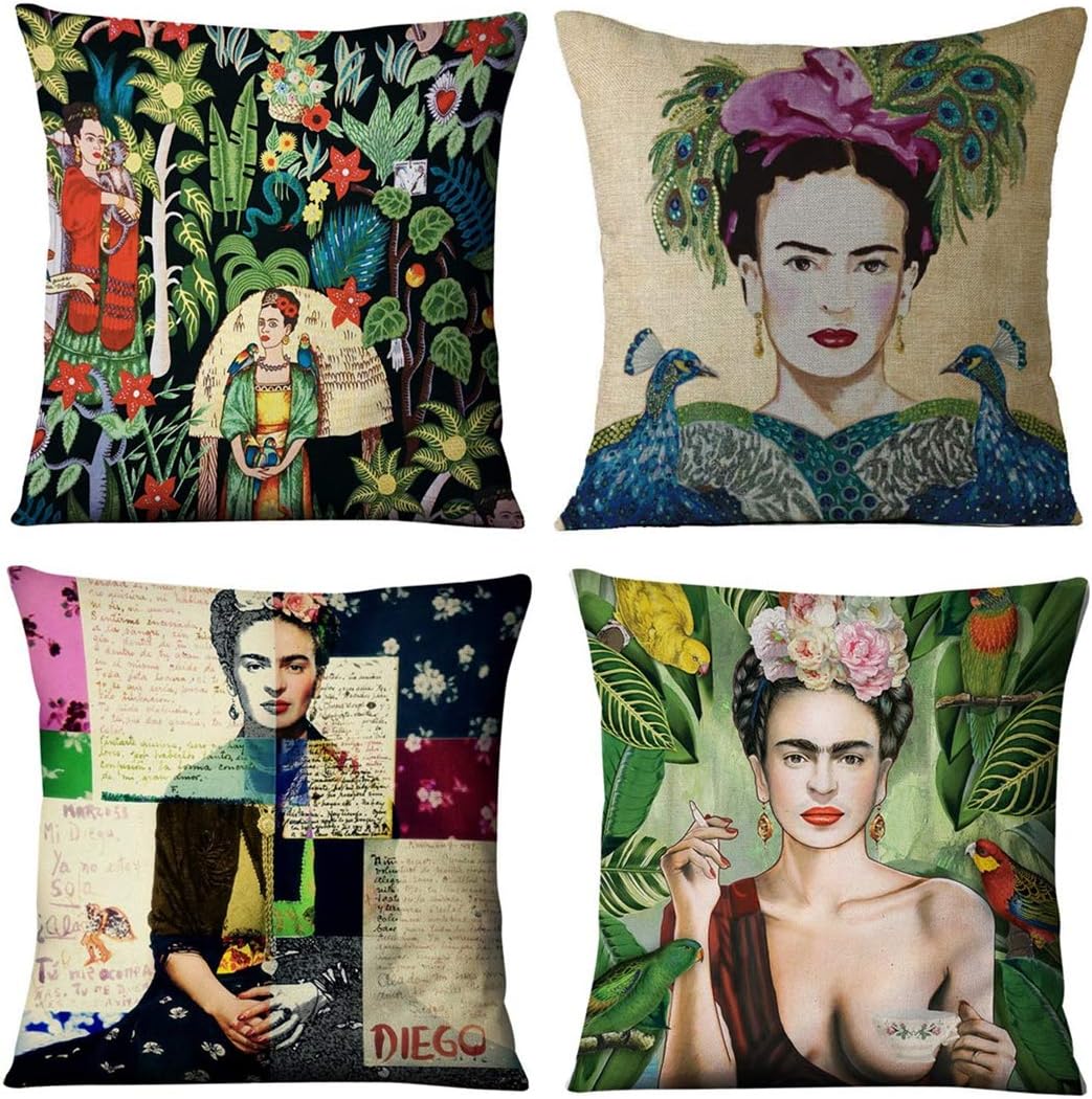 Joyi 4 Pack Frida Kahlo Self-Portrait Cotton Linen Throw Pillow Case Car Cushion Cover 18"x18",Pattern 10