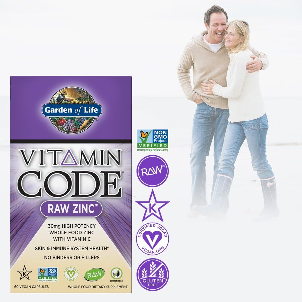 Garden of Life Vitamin Code Raw Zinc, 30mg Whole Food Zinc Supplement + Vitamin C, Trace Minerals & Probiotics for Immune Support, Certified Vegan Non-GMO & Gluten Free Zinc Supplements, 60 Capsules: Health & Personal Care