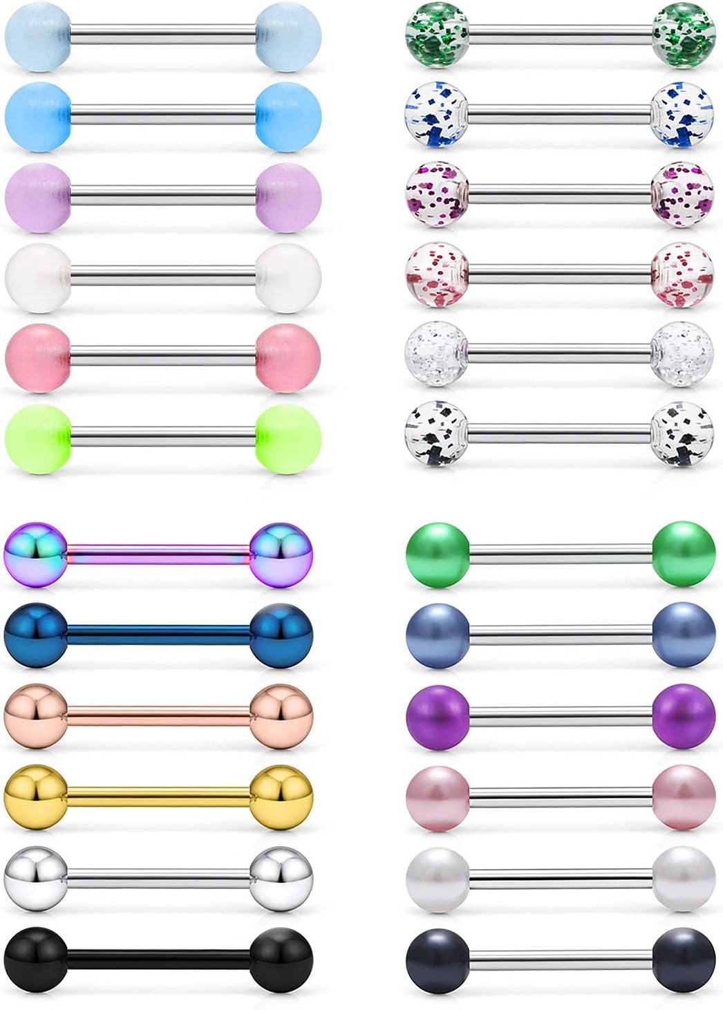 Prjndjw24-48Pcs Nipple Rings Tongue Rings Surgical Steel Straight 14G Barbells Piercing Jewelry 12MM 14MM 16MM 19MM 22MM for Women Men Glow in The Dark Tongue nipple rings