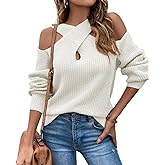 chouyatou Women's Fall Sexy Criss Cross Halter Neck Cold Shoulder Tops Cutout Knit Sweater