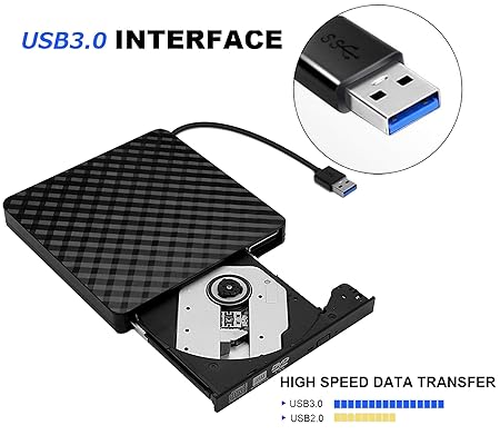 DAHSHA Ultra-Portable Optical USB 3.0 External CD DVD-RW Drive for Laptop and Desktop (Black)