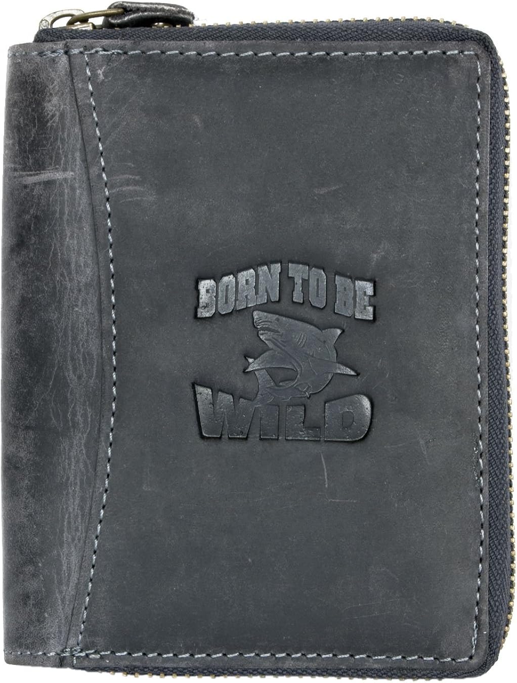 Born to be Wild Men's Dark Grey Large Genuine Leather Wallet with Shark, Black