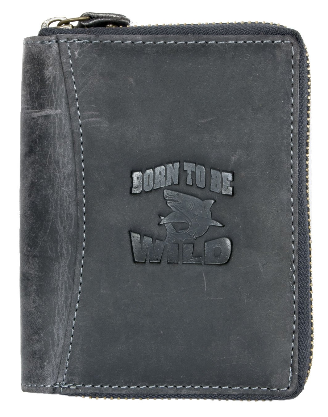 Born to be Wild Men's Dark Grey Large Genuine Leather Wallet with Shark