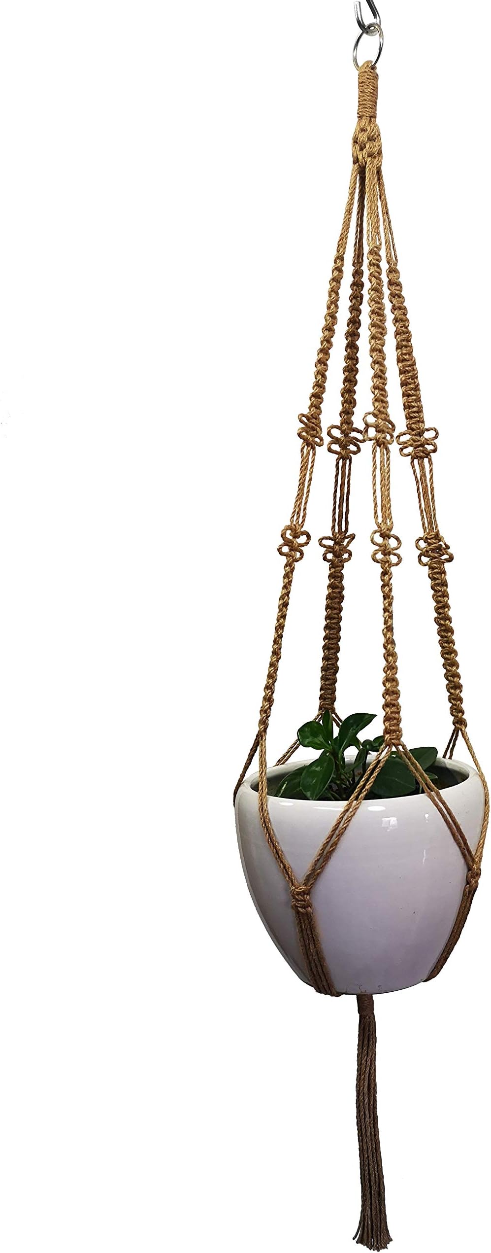 4 Legs Macrame Natural Jute and Cotton Rope Plant Hanger &Holder and Metal Ring, 52-inches Length (Without The White Pot) (Hemp-Brown)
