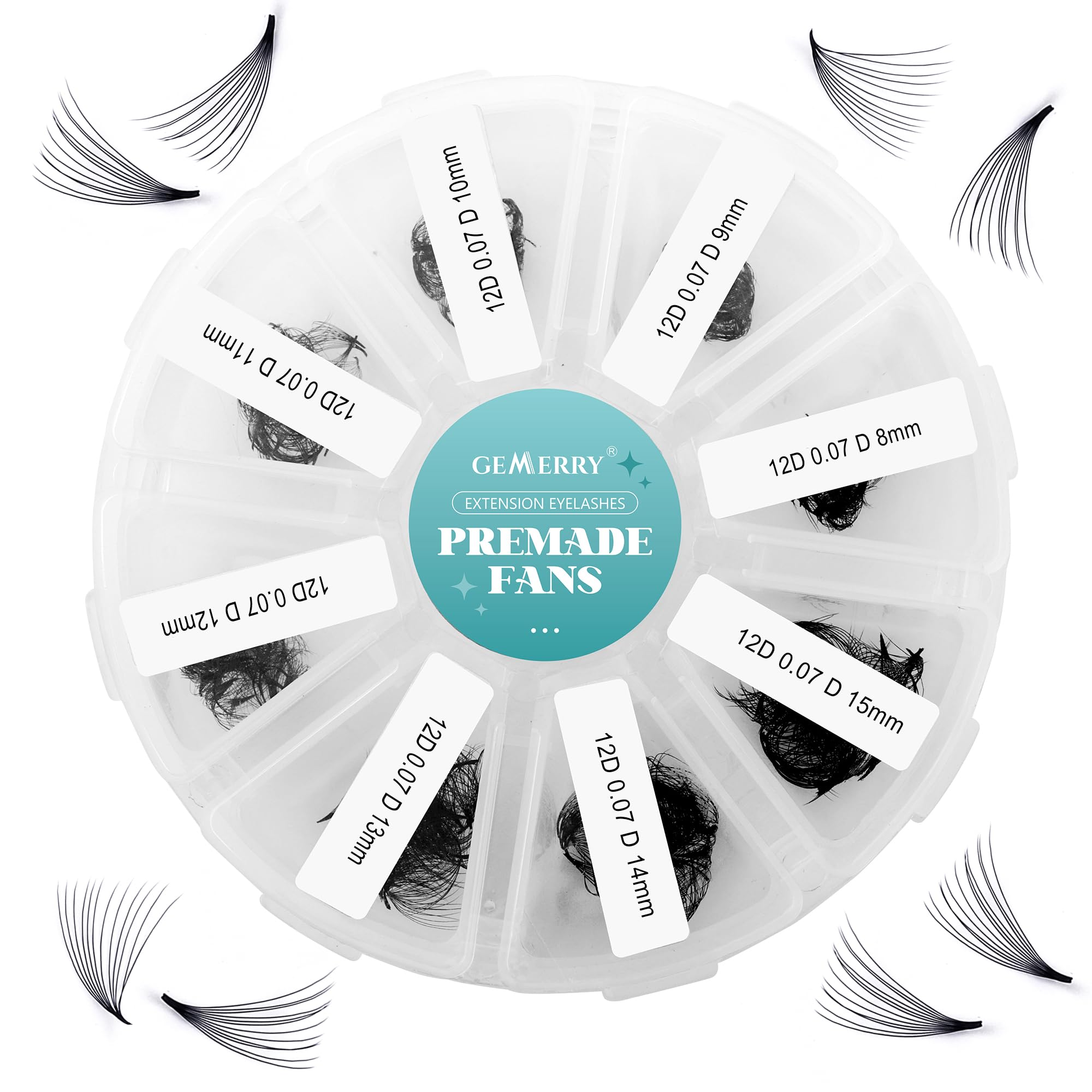 Pre Made Fans 500PCS Eyelash Extensions 12D D Curl Promade Loose Fans Mixed Tray Premade Volume Eyelash Extensions Handmade Premade Lash Fans Pointy Base GEMERRY Lashes(12D-0.07D-8-15mm) — image 1