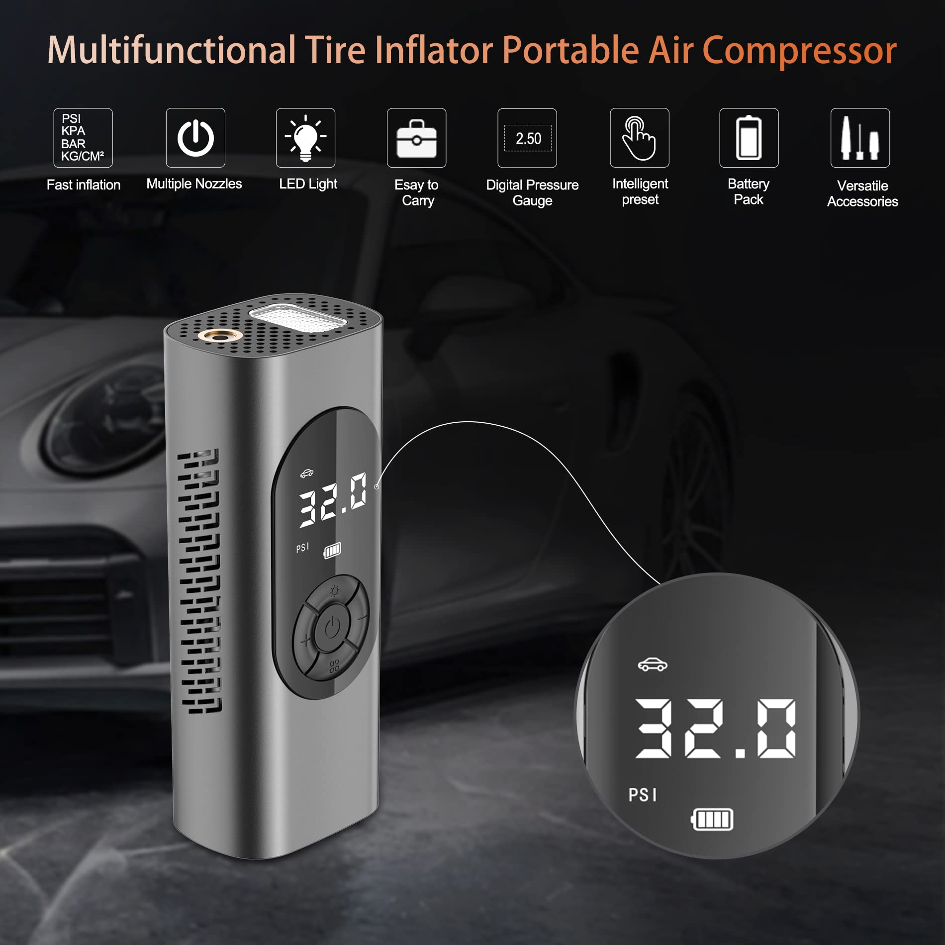 Electric Air Pump, 150 PSI Portable Battery Compressor, 6000 MAh Bicycle Pump, Air Compressor For Car, Bicycle, Motorcycle Balls, Touch Screen, USB-C Rechargeable, Emergency Lamp And Mobile