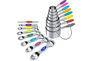 RMERVE 16PCS Magnetic Measuring Spoons and Measuring Cups Set, 7 Double-Sided Spoons& 1 Leveler and 8 Measuring Cups, Multicolor, Stainless Steel, Fits Spice Jars, Large Capacity Measurement