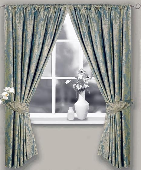 Lined Curtains Pencil Pleat Blue Gold Jacquard Finish Richmond