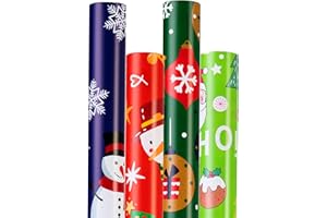 Cherubfunz Christmas Wrapping Paper for Gift (4 Rolls: 93 sq. ft. ttl) Funny Santa Claus Snowflakes Snowman Christmas Pine Trees- Christmas Elements Collection - 17 inches x 16.5 feet Per Roll