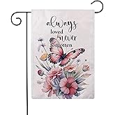 Butterfly Flowers Garden Flag 12.5 x 18 Inch Always Loved Never Forgotten Memorial Garden Flag Double Sided Spring Summer Yard Flags for Outdoor Seasonal Porch Lawn Decor (Pink)