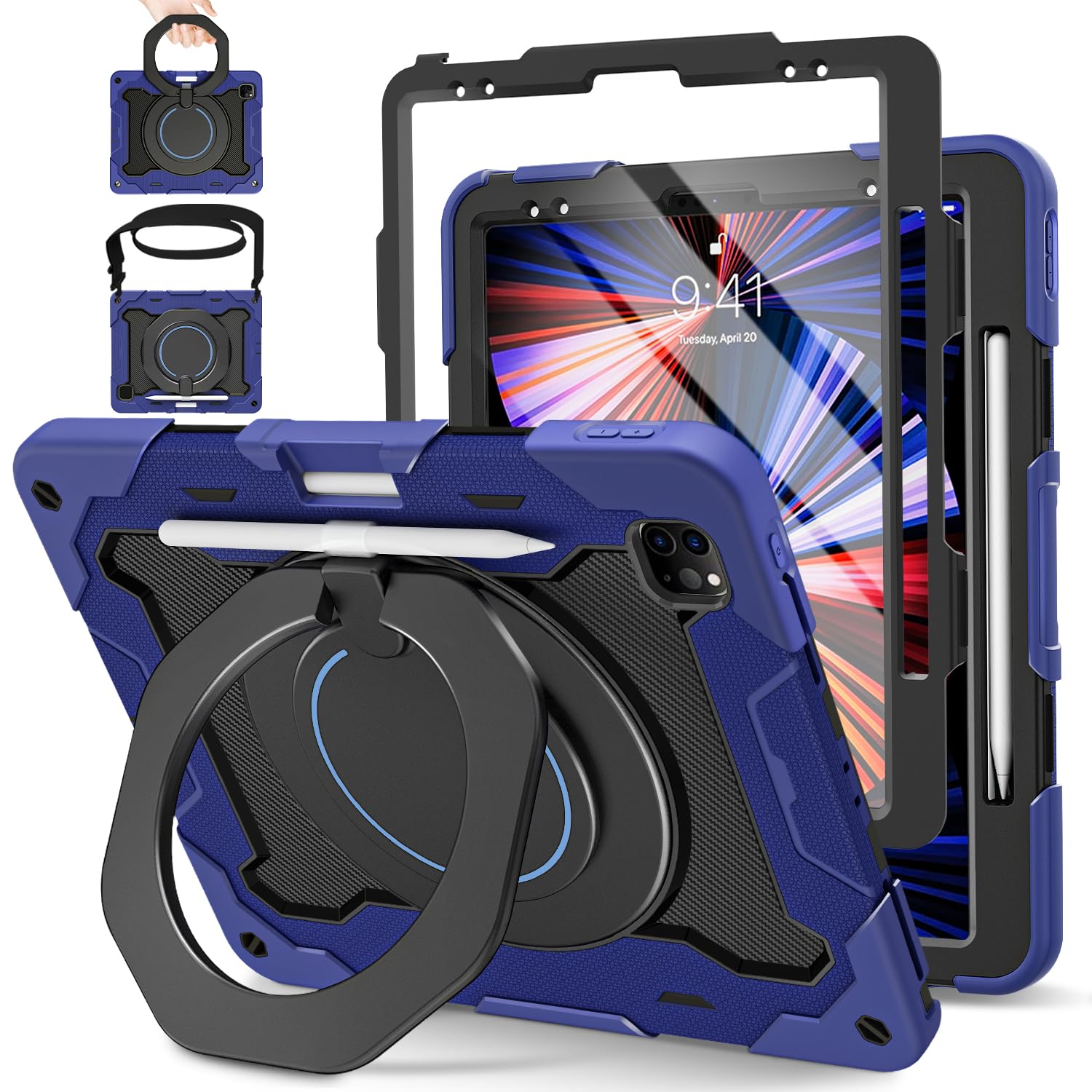 ROISKIN for iPad 12.9 Pro Case 6th/5th/4th/3rd Generation (2022/2021/2020/2018),Military Protective Cover for 12.9 inch with Screen Protector & Pencil Holder & Rotating Stand & Shoulder Strap